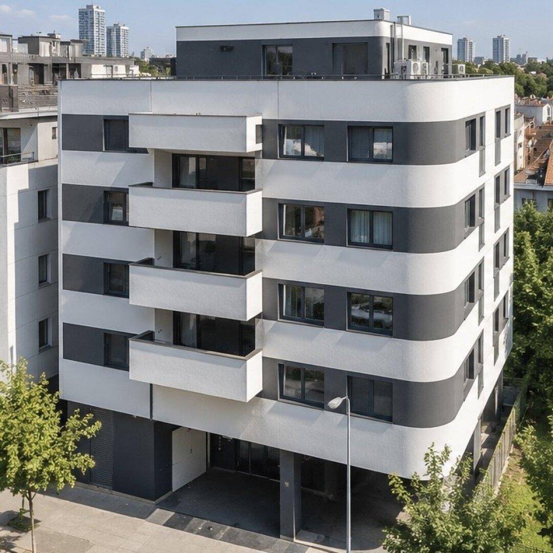 Modernes Mehrfamilienhaus mit weißer und grauer Fassade sowie Balkonen.