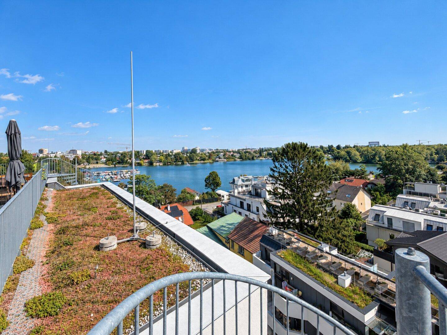 Dach mit Gründach und Panoramablick auf den See und die umliegende Bebauung.