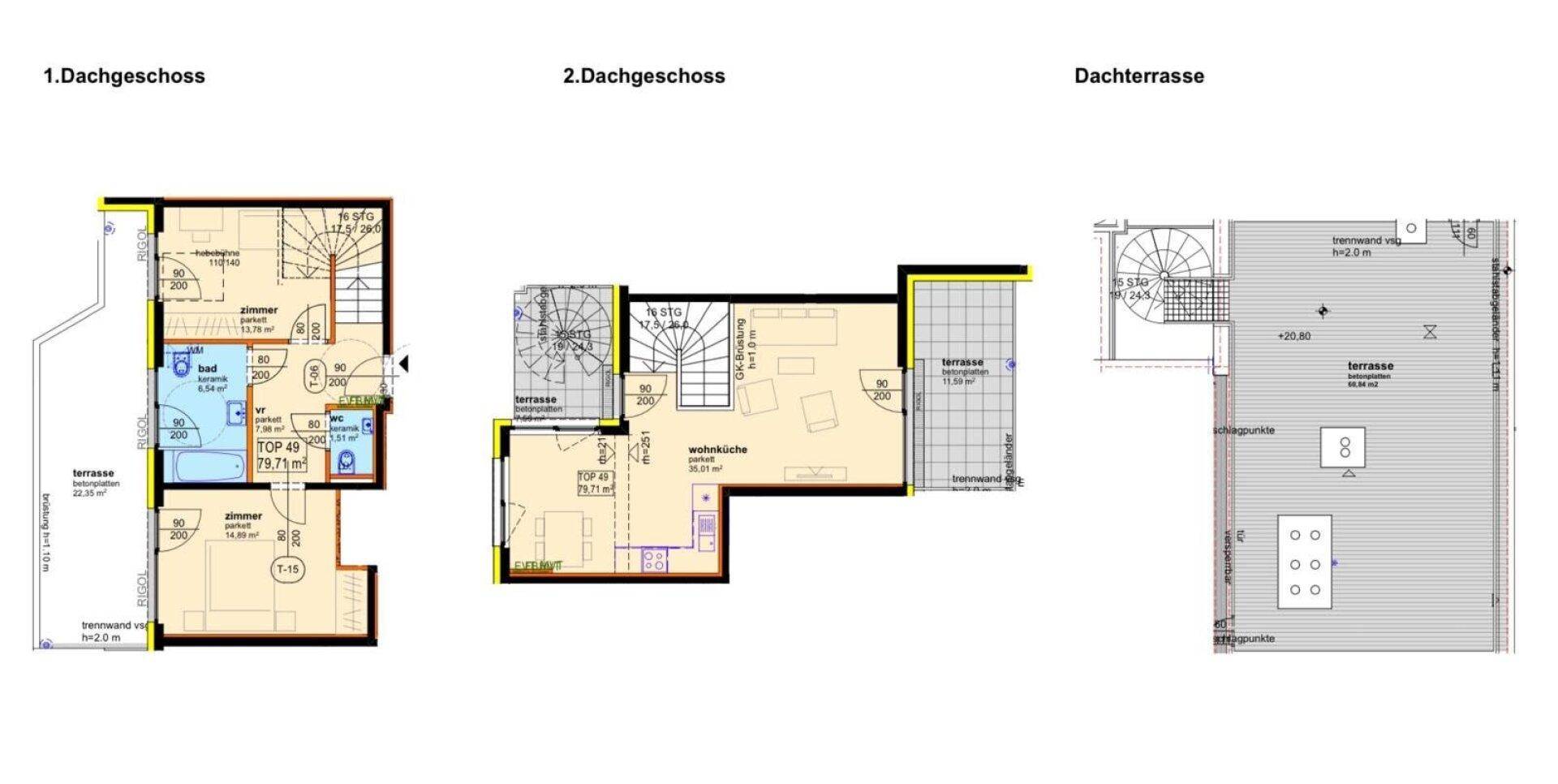 Grundrisse des ersten und zweiten Dachgeschosses sowie der Dachterrasse mit Treppen und Raumaufteilung.