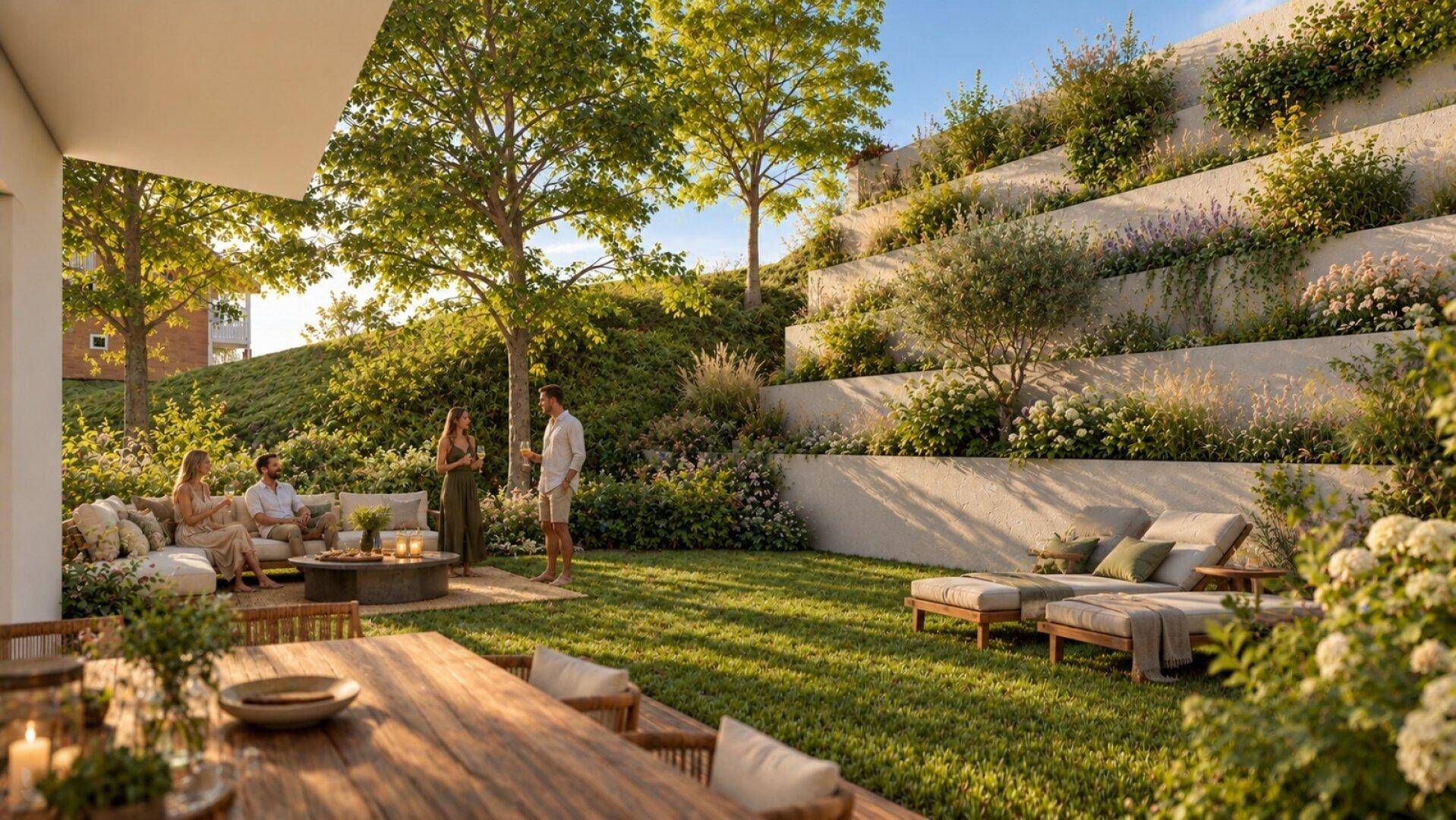 Großzügiger Gartenbereich mit Terrasse, Liegestühlen und gemütlicher Sitzecke am Hang.