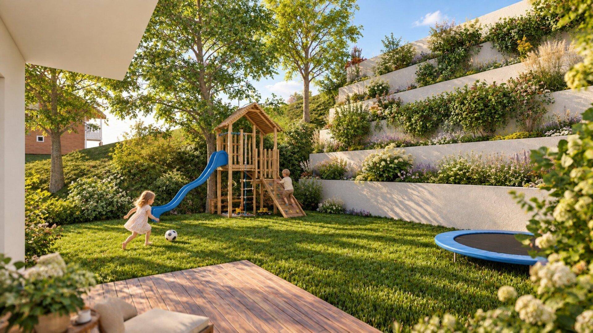 Sonniger Garten mit Spielplatz, Rutsche, Schaukel und Trampolin für Kinder.