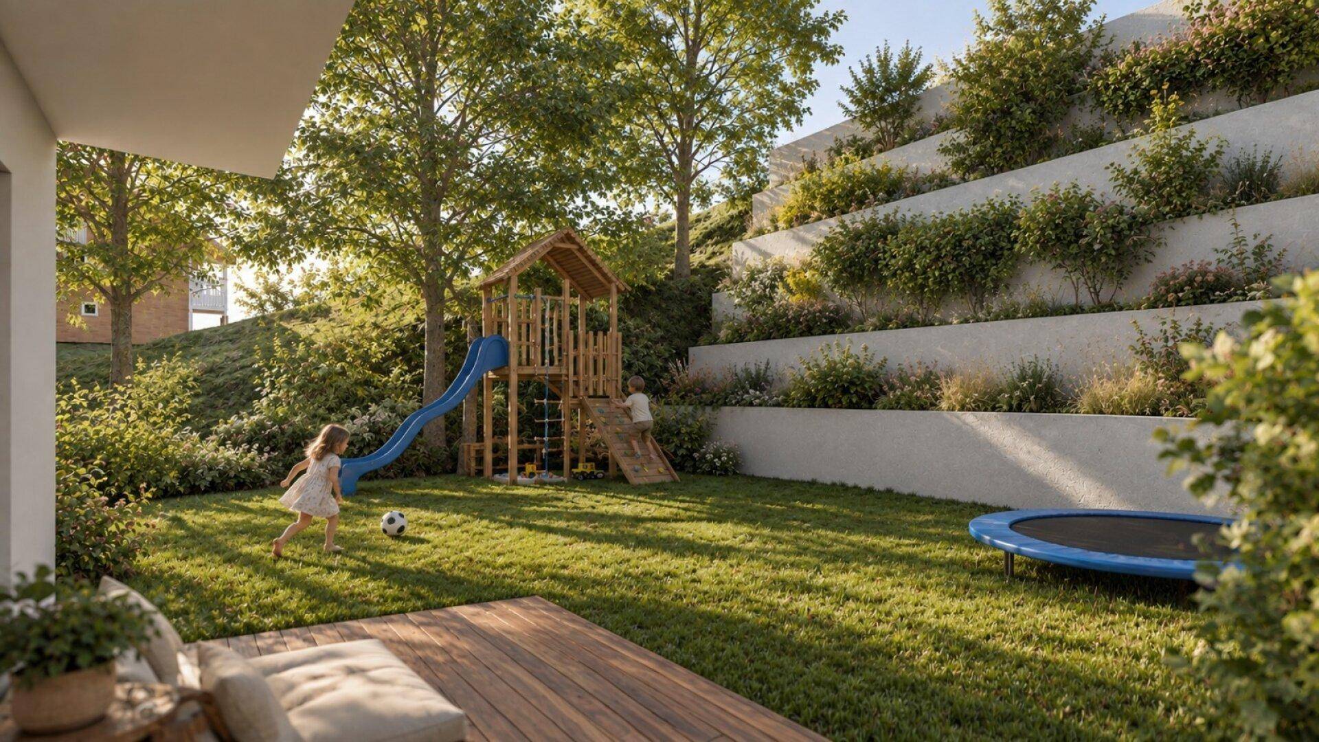 Sonniger Garten mit Spielplatz, Rutsche, Schaukel und Trampolin für Kinder.