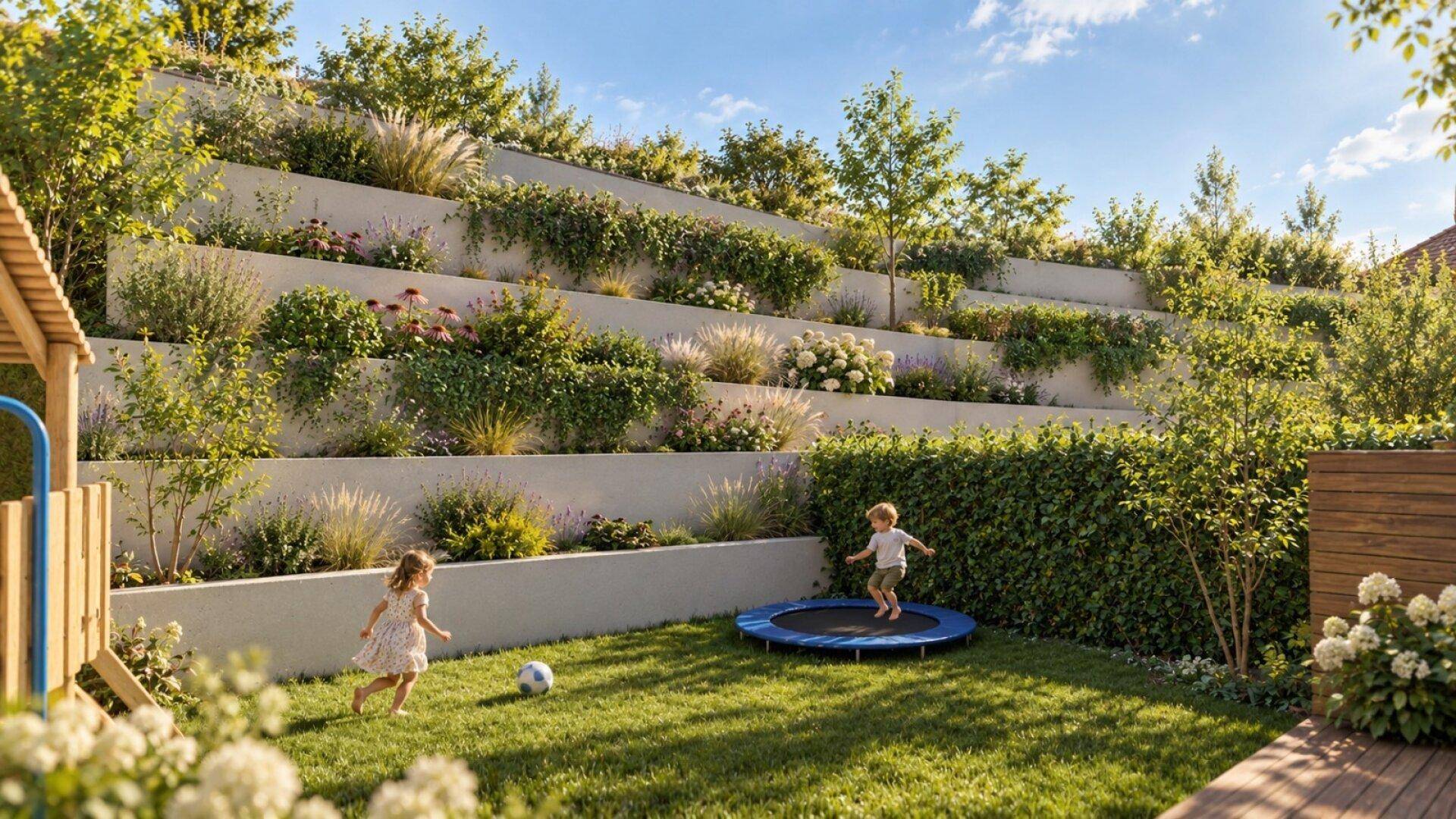 Kinder spielen in einem sonnigen Garten mit Trampolin und Spielturm vor einer begrünten Hanglage.