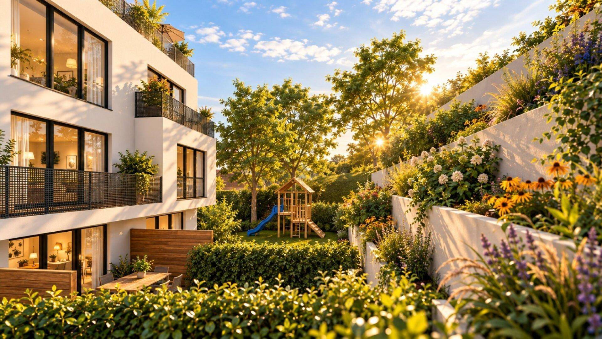 Sonniger Gartenbereich mit Spielplatz und Terrasse neben einem modernen Wohngebäude.