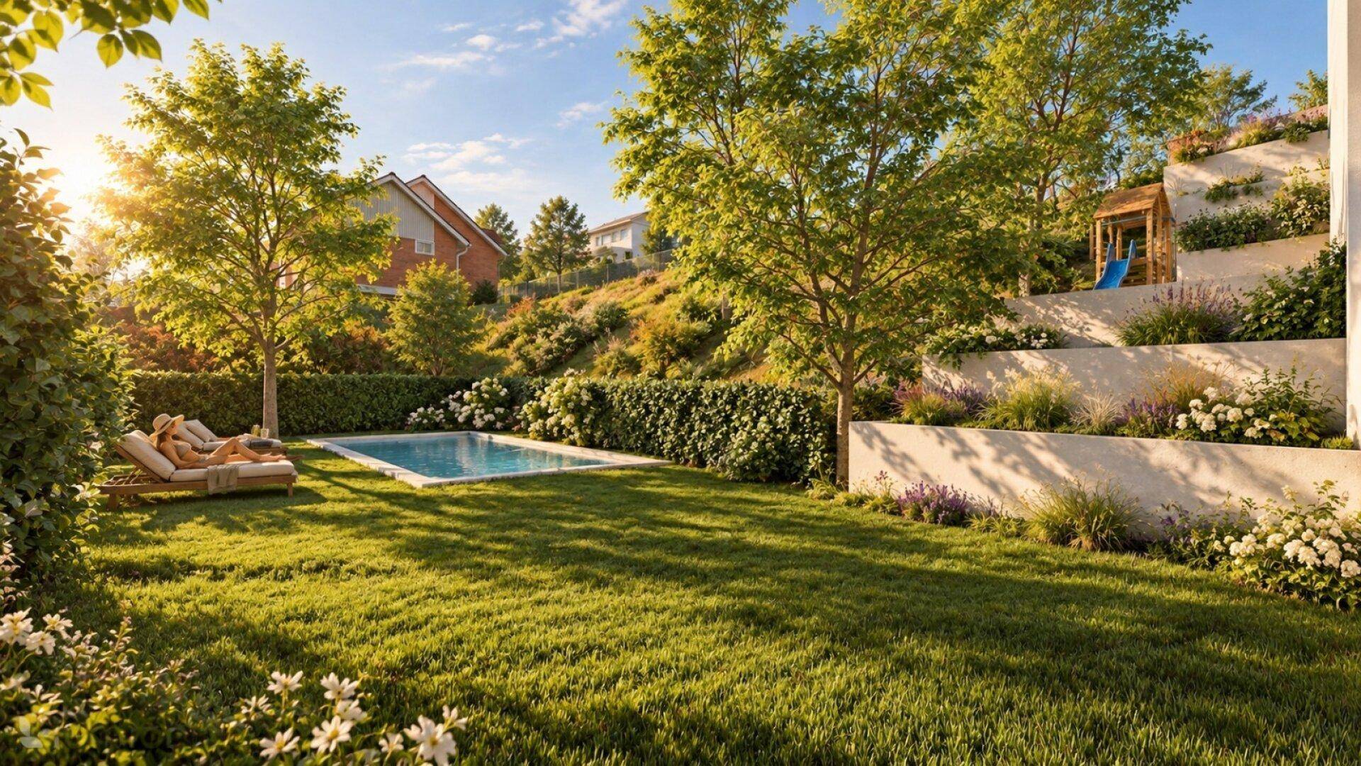 Großer Garten mit Pool und Liegestühlen, umgeben von Hecken und Bäumen in sonniger Lage.