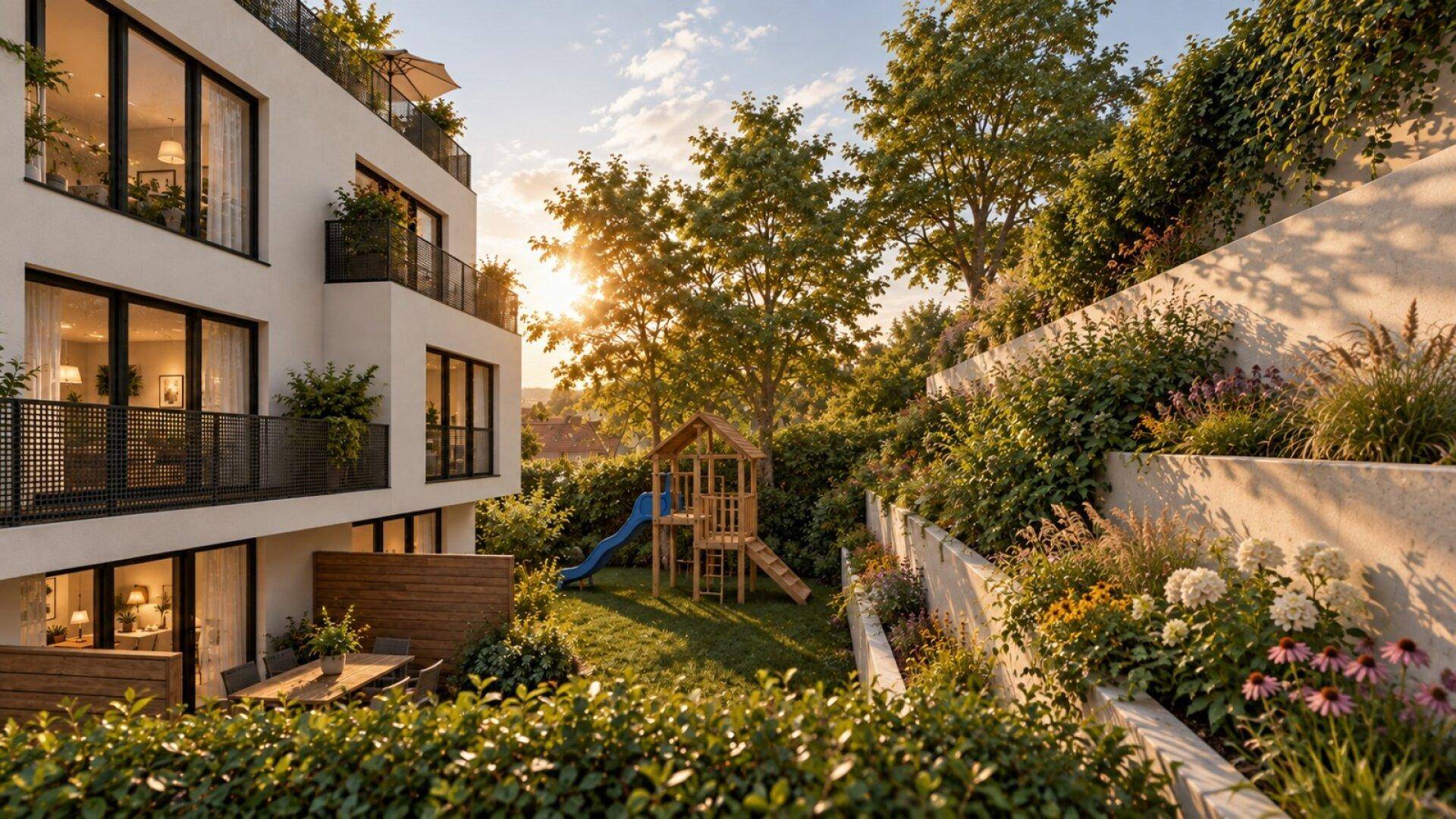 Sonniger Garten mit Spielplatz und Terrasse neben einem modernen Wohngebäude.