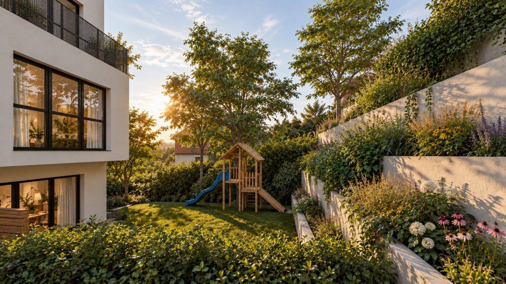 Sonniger Garten mit Spielplatz und Terrasse neben einem modernen Wohngebäude.