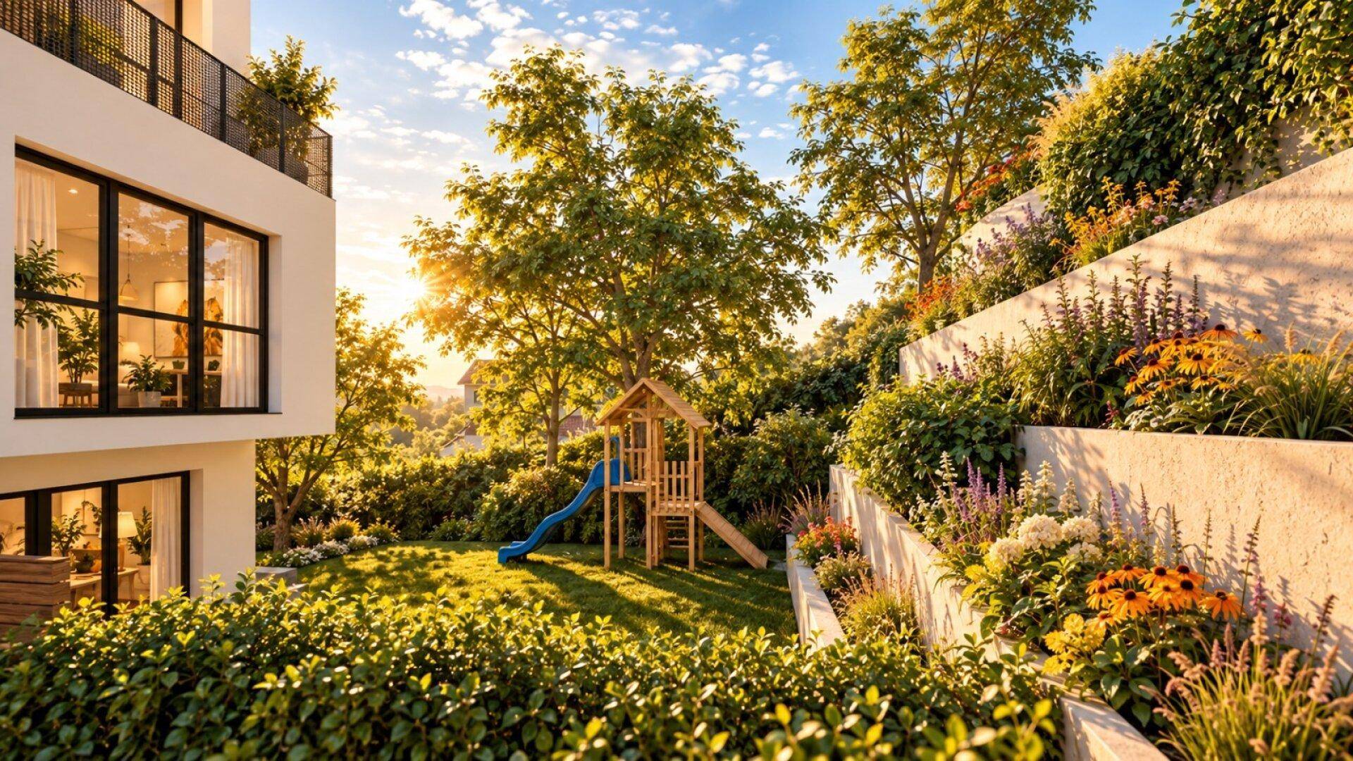 Sonniger Garten mit Spielplatz und Terrasse neben einem modernen Wohngebäude.