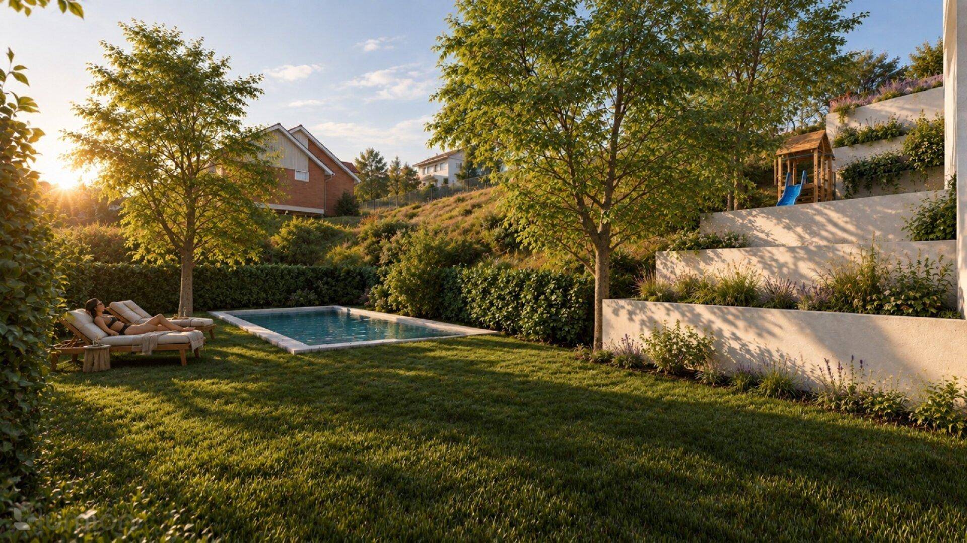 Großer Garten mit Pool und Liegestühlen, umgeben von Hecken und Bäumen in sonniger Lage.