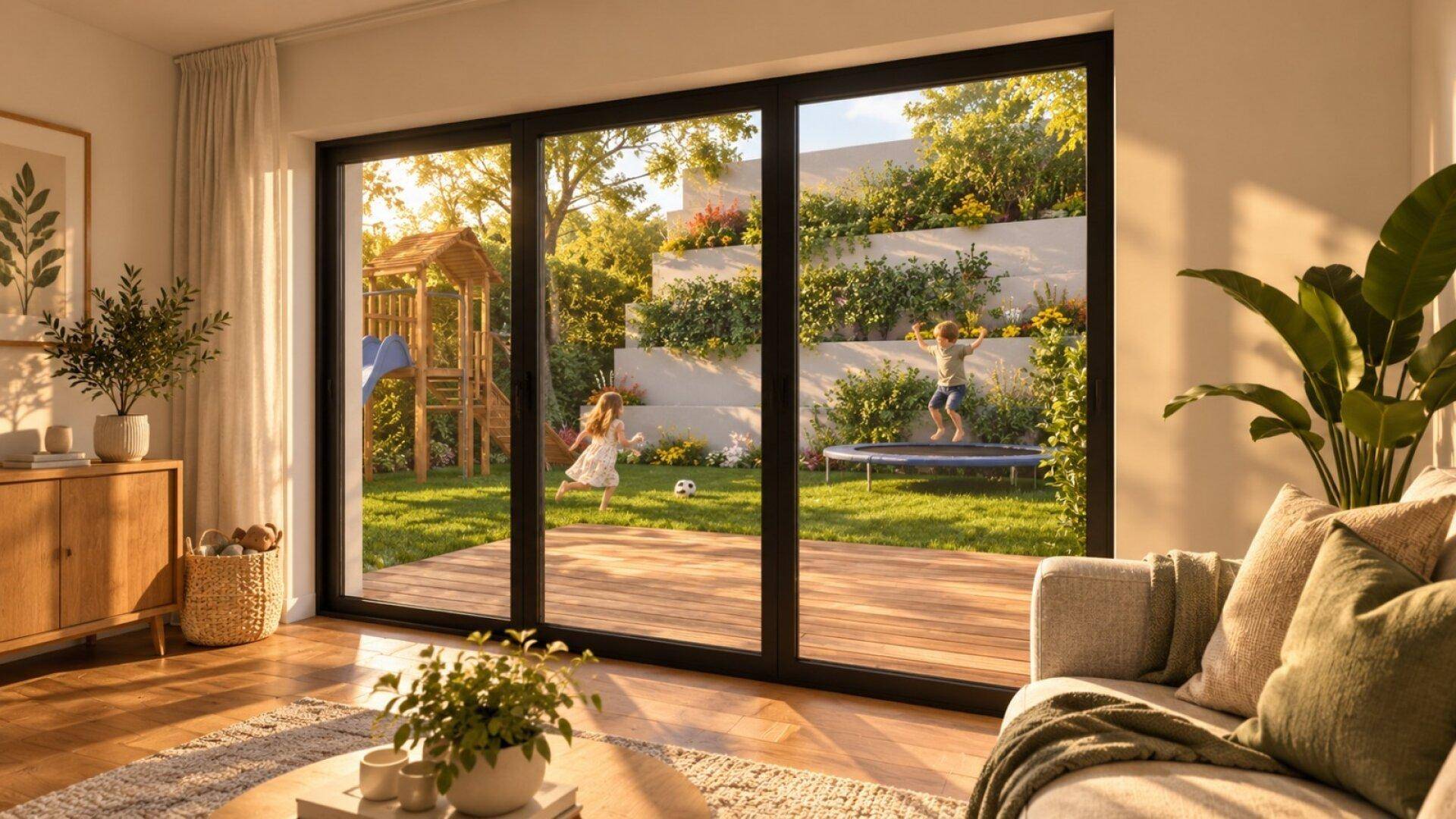 Helles Wohnzimmer mit großen Fenstern und Blick auf den grünen Garten mit Spielbereich.