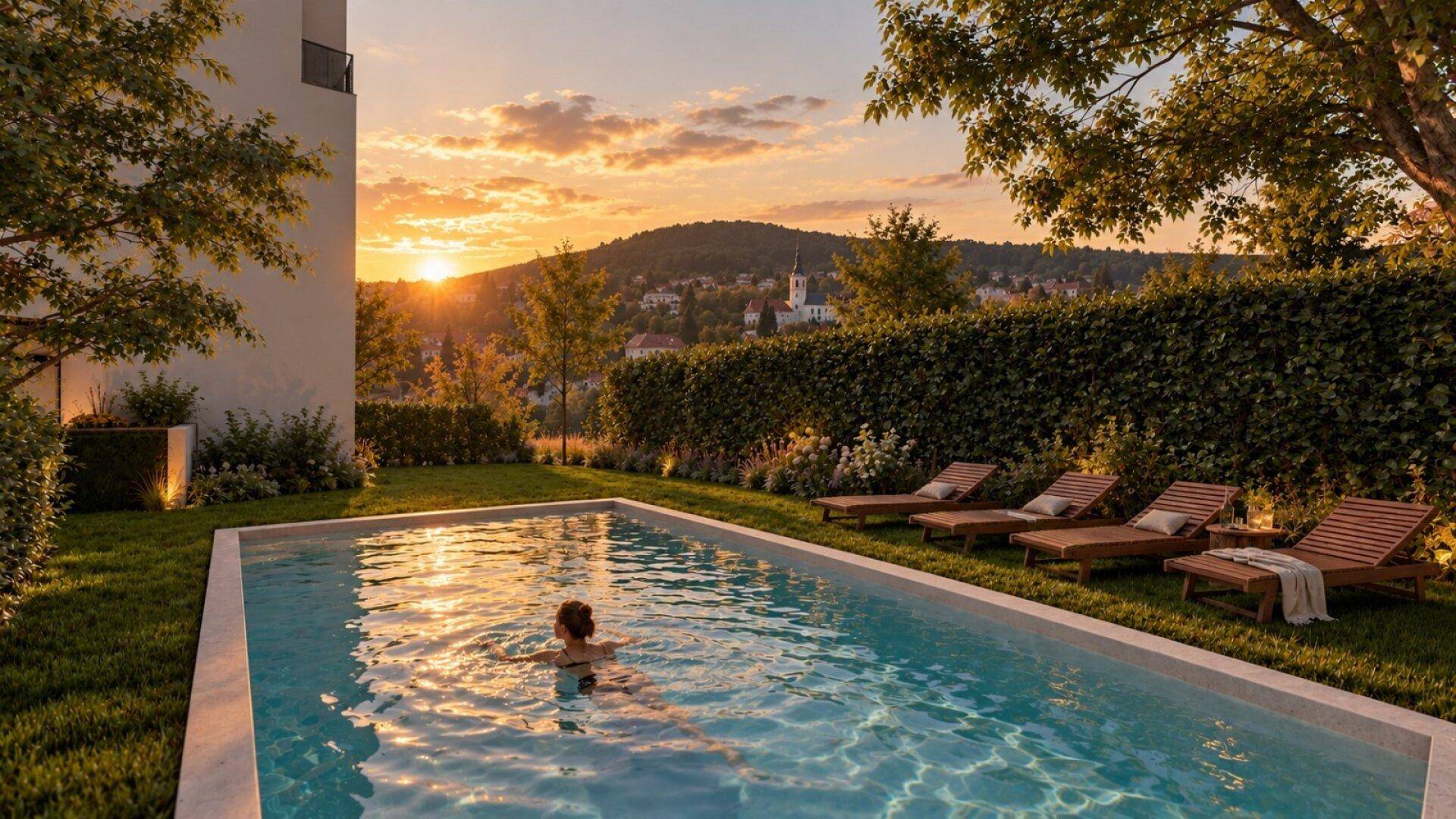 Entspannender Poolbereich im Garten bei Sonnenuntergang mit Blick auf die hügelige Landschaft.