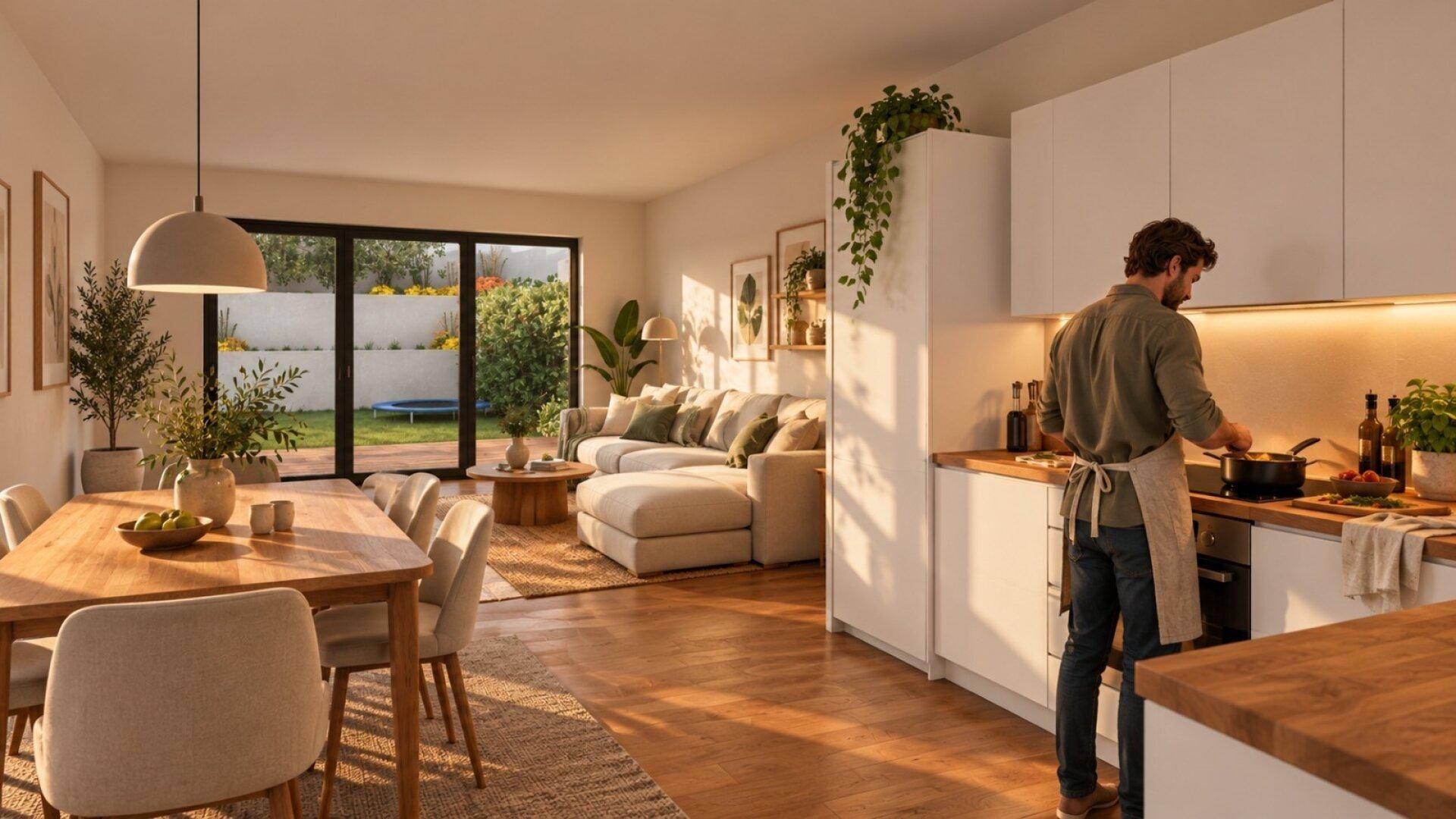 Offener Wohn-Essbereich mit moderner Küche, Holzboden und Zugang zum Garten.