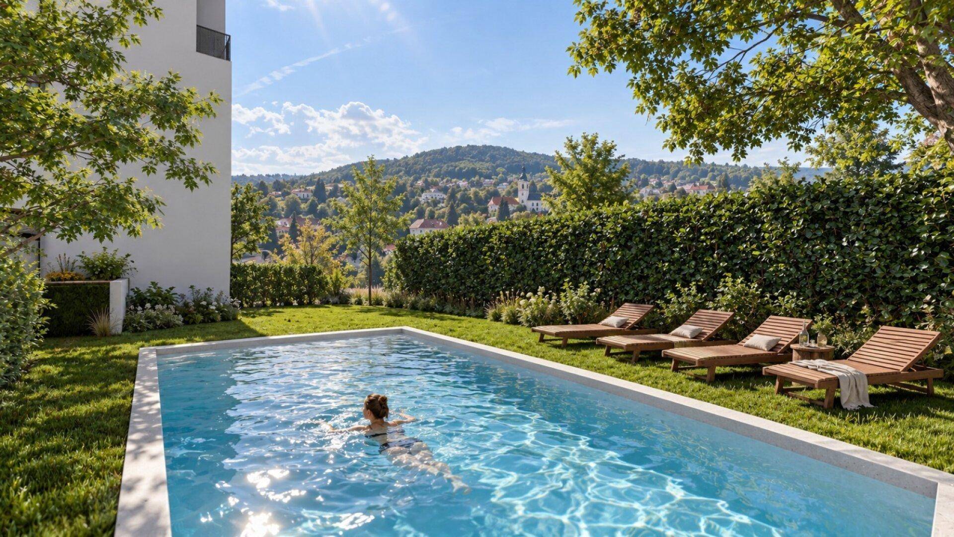 Entspannender Poolbereich im Garten mit Liegestühlen und Blick auf die grüne Landschaft.