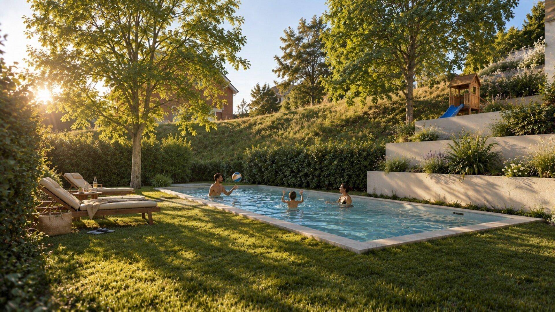 Familienfreundlicher Garten mit Pool, Liegestühlen und Spielbereich am Hang.