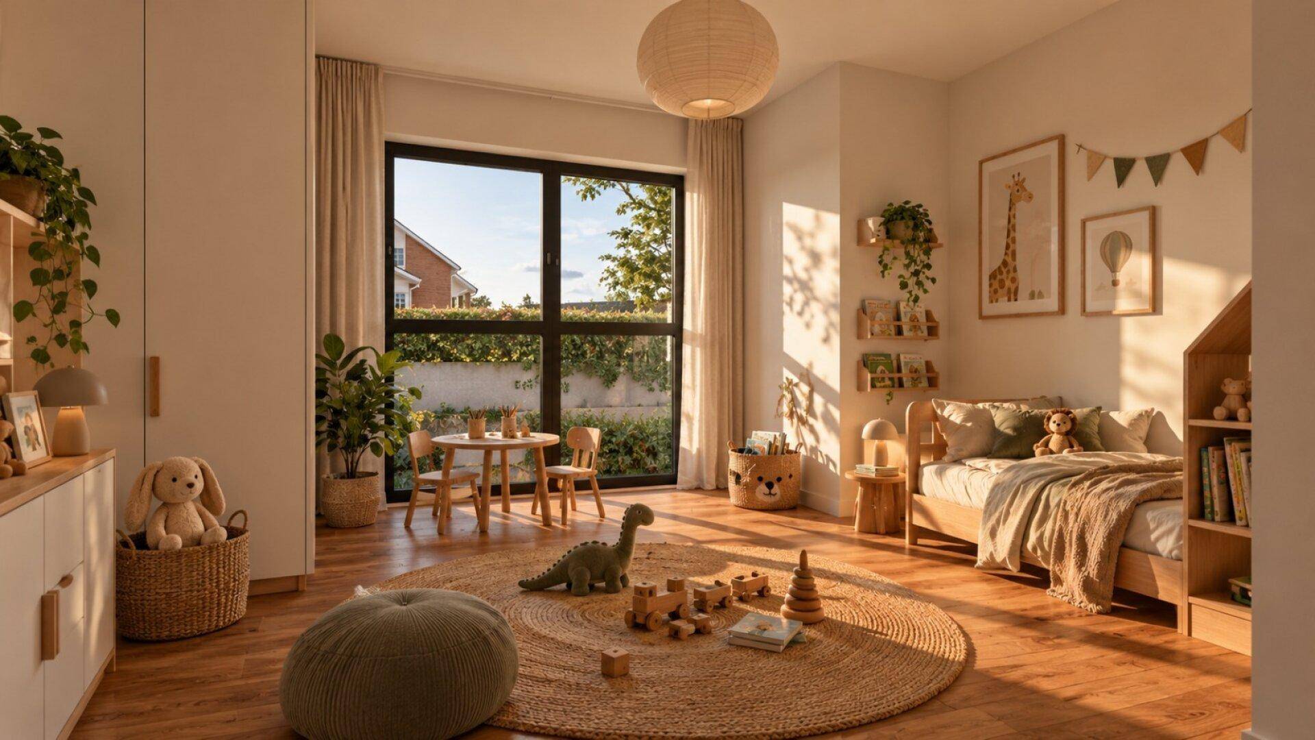 Helles Kinderzimmer mit Holzboden, großen Fenstern und kindgerechter Einrichtung.