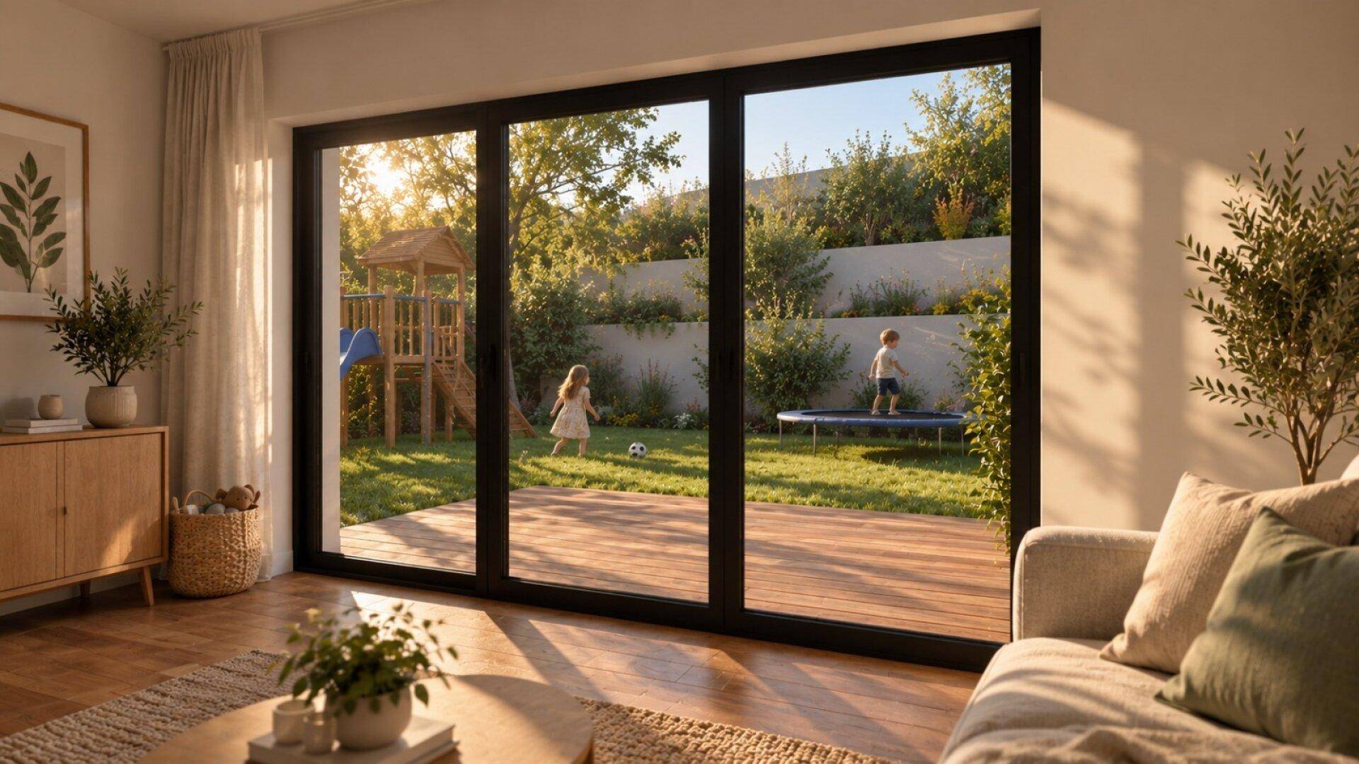 Helles Wohnzimmer mit großen Fenstern und Blick auf den grünen Garten mit Spielbereich.