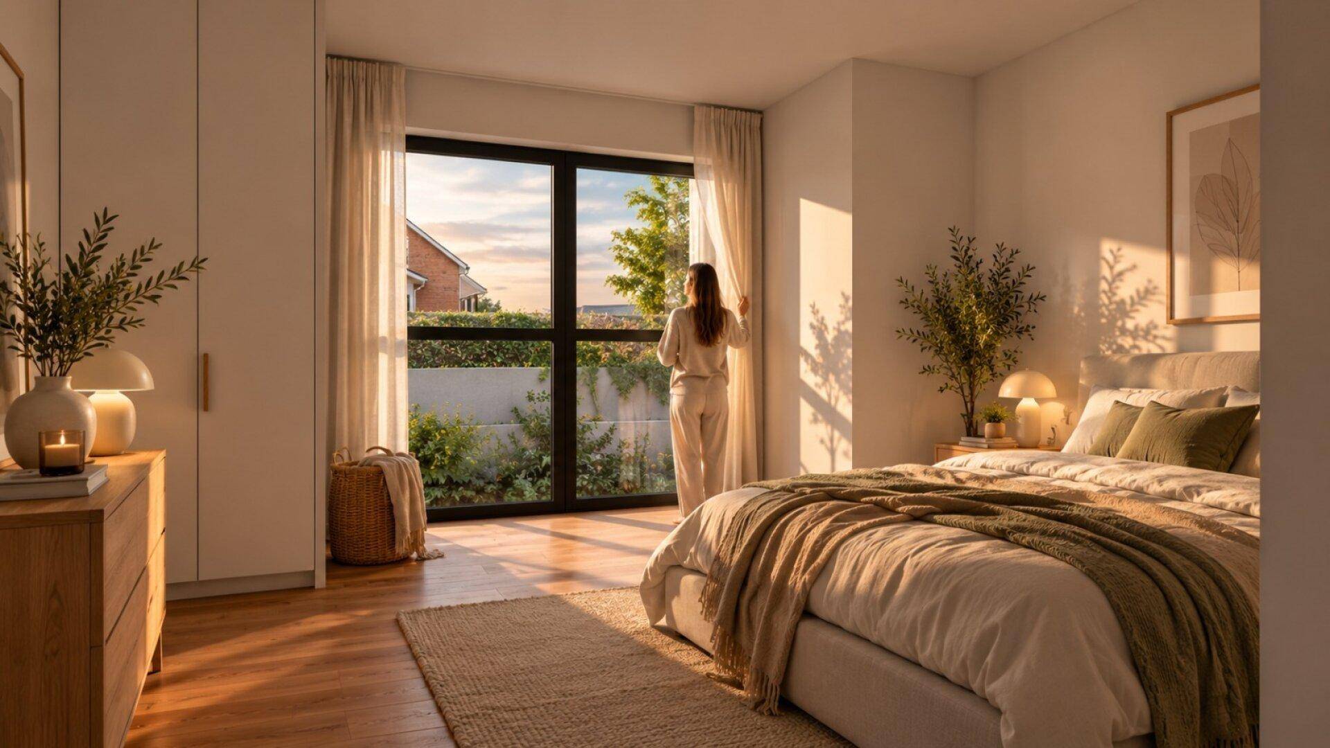 Helles Schlafzimmer mit großem Fenster, Holzboden und Blick ins Grüne.