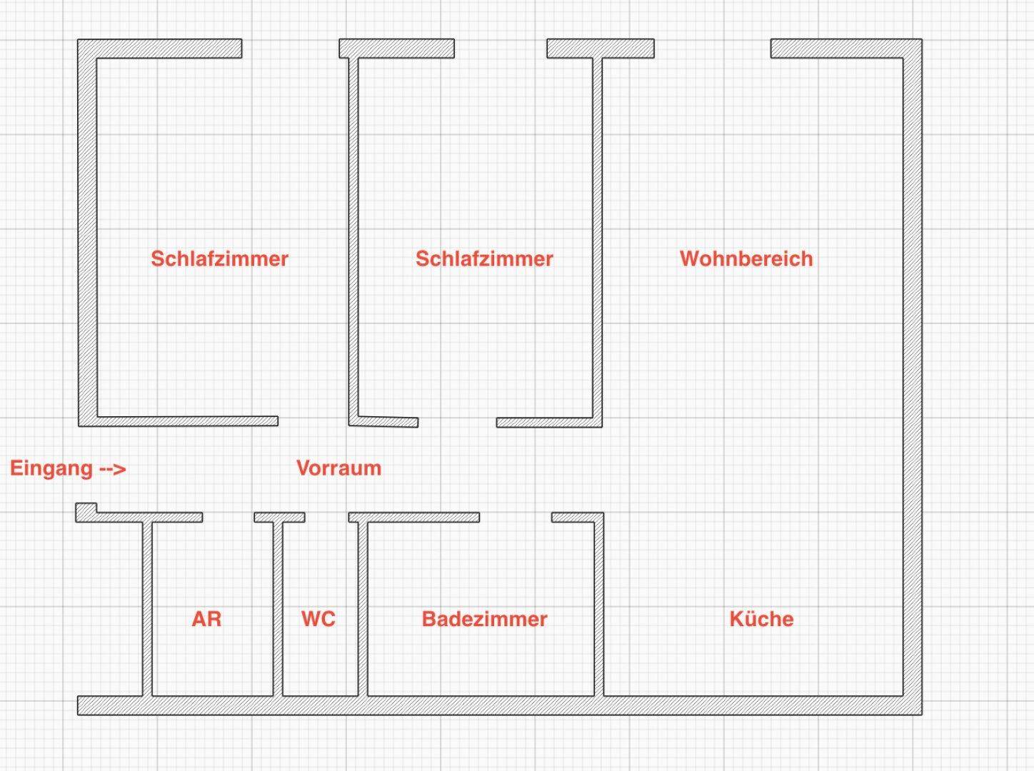 Grundrissplan der Wohnung mit zwei Schlafzimmern, Wohnbereich, Küche und separatem Bad und WC.