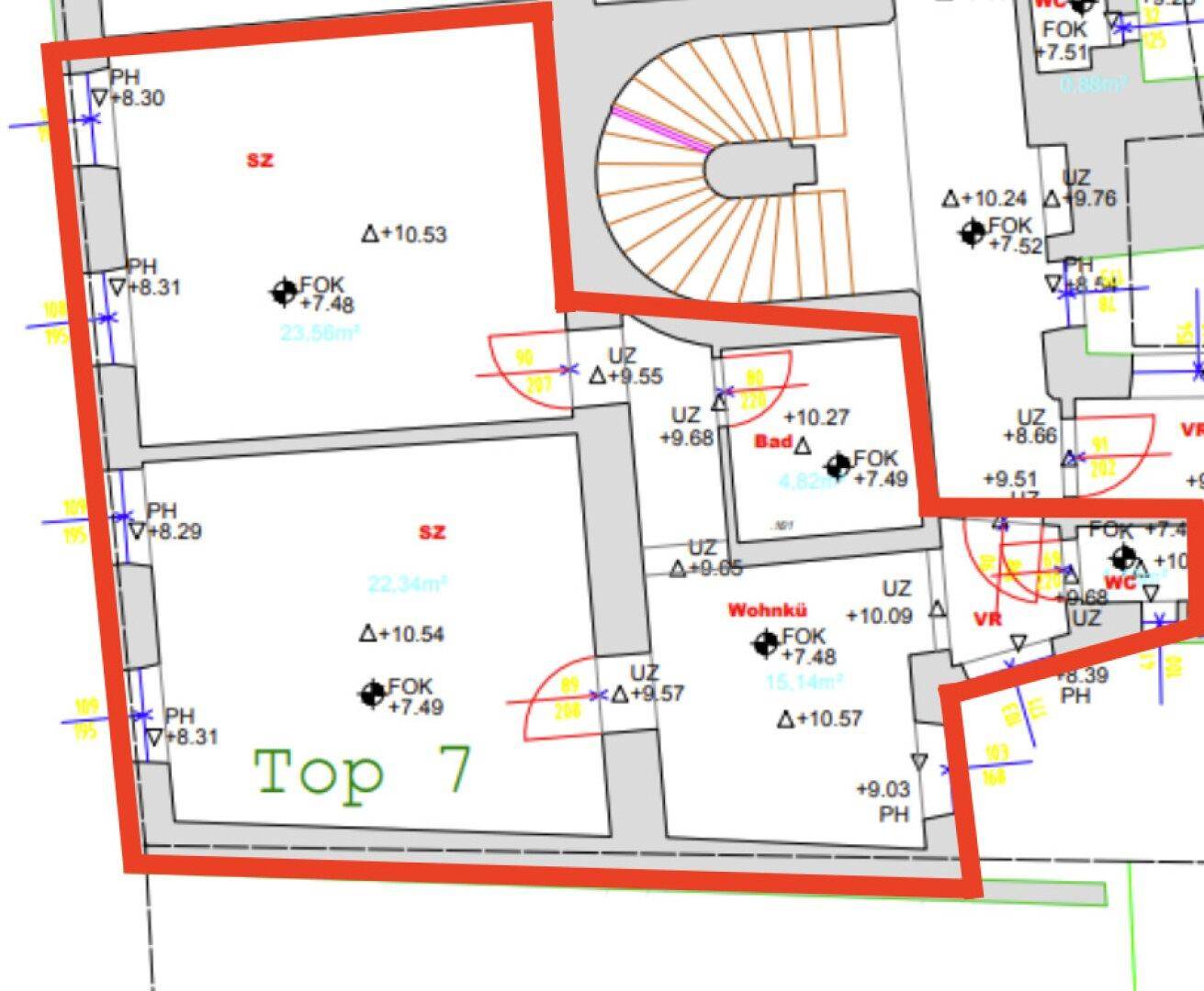Grundriss der Wohnung Top 7 mit Schlafzimmern, Wohnküche, Bad und separatem WC.
