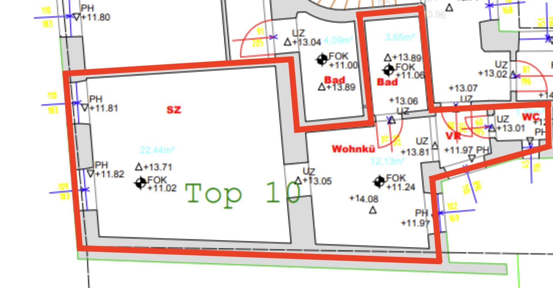 Detaillierter Grundrissplan mit hervorgehobenen Bereichen für Schlafzimmer, Bad und Wohnküche.