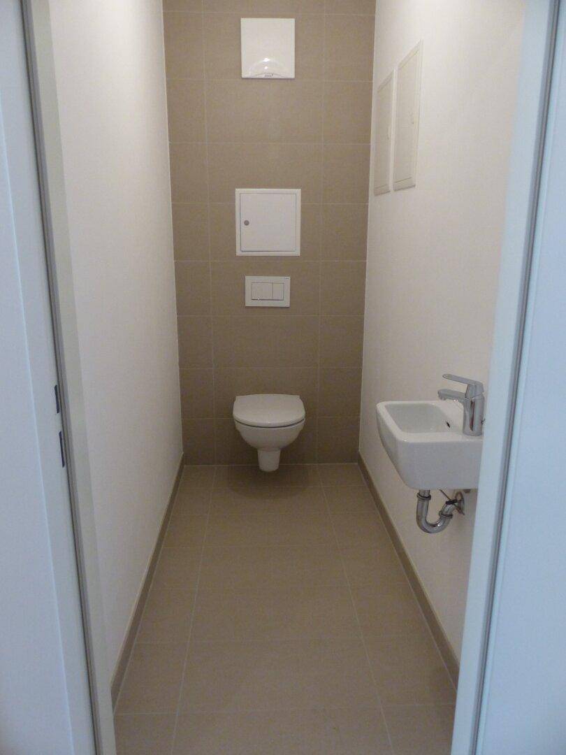 Kleines Gäste-WC mit Wand-WC und Handwaschbecken, modern gefliest.