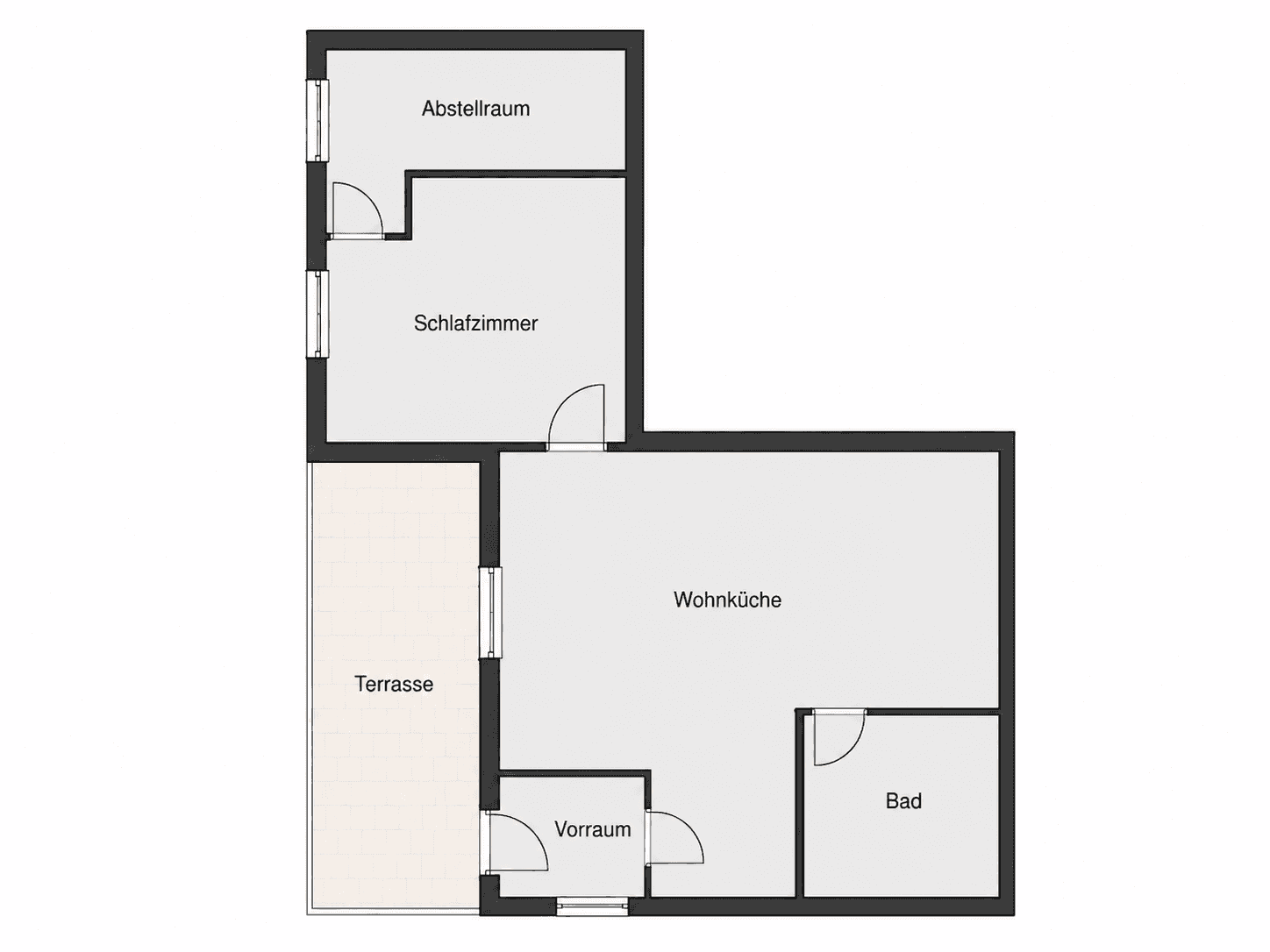 Grundriss einer Wohnung mit offener Wohnküche, Schlafzimmer, Bad und Terrasse.