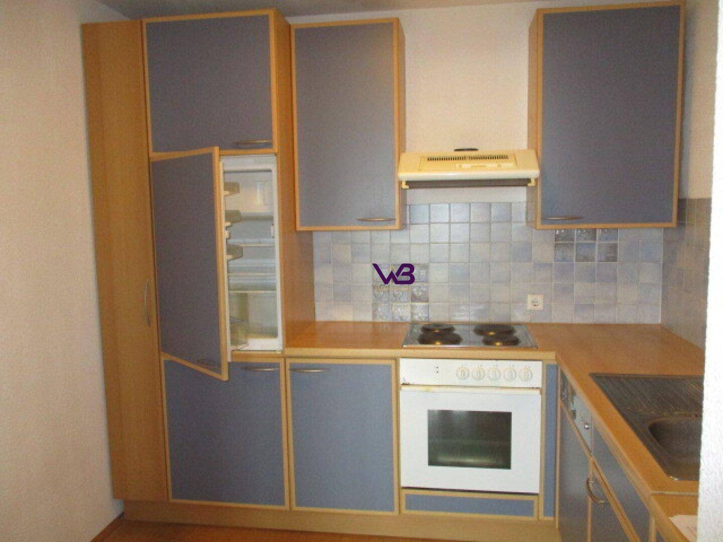 Kompakte Küche mit blaugrauen Schränken, Holztheke und integrierten Geräten.