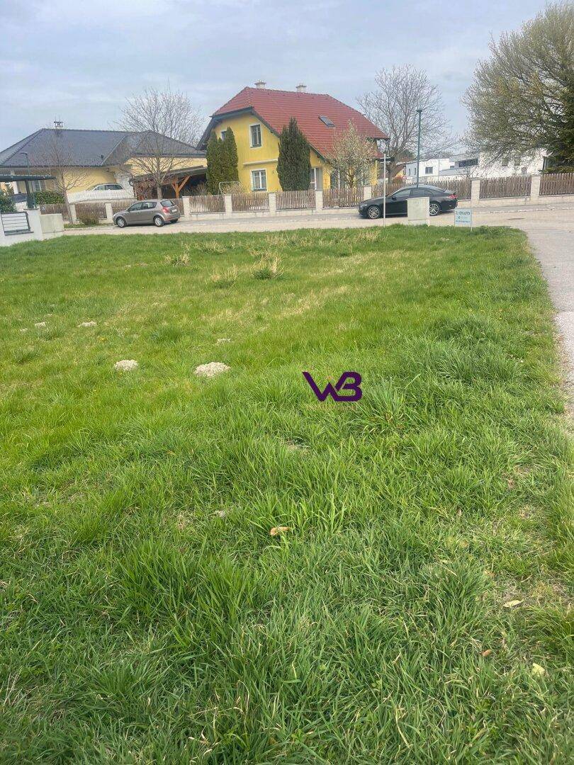 Unbebautes Grundstück mit Grasfläche an einer Straße, umgeben von Einfamilienhäusern in ländlicher Umgebung.
