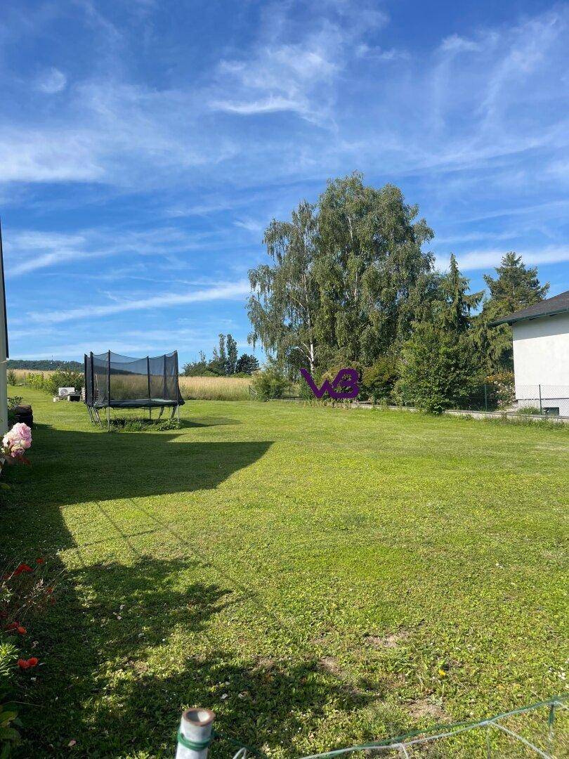 Großer grüner Garten mit Rasenfläche, Trampolin und Bäumen unter blauem Himmel.