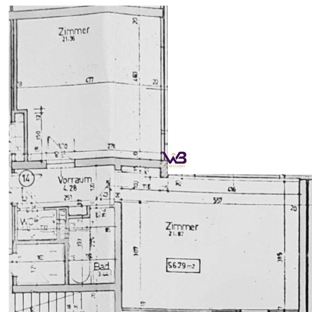 Detaillierter Grundriss mit Raumaufteilung für Zimmer, Bad und Küche.