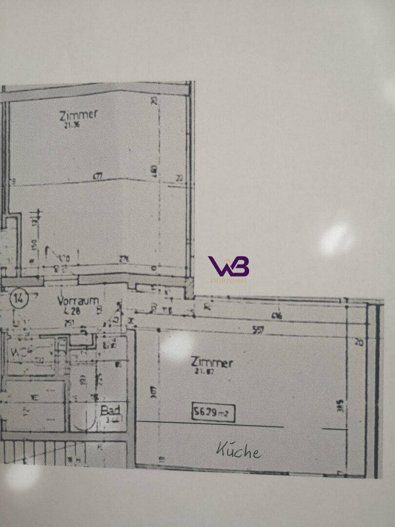 Grundrissplan mit Aufteilung in Zimmer, Vorraum, Bad und separates WC.