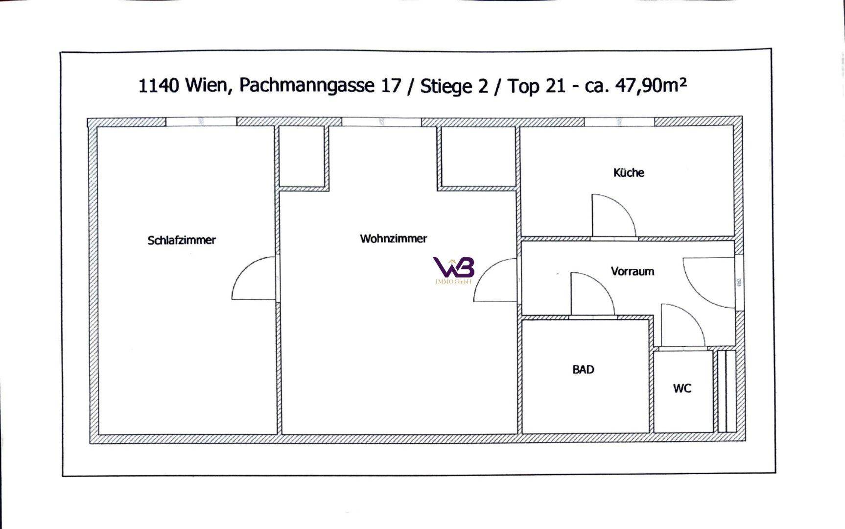 Grundriss der Wohnung mit Schlafzimmer, Wohnzimmer, Küche, Bad und separatem WC.