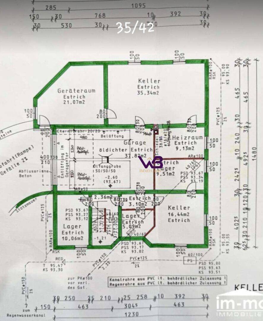 Grundriss des Kellers mit Garage, Heizraum und verschiedenen Lagerräumen.