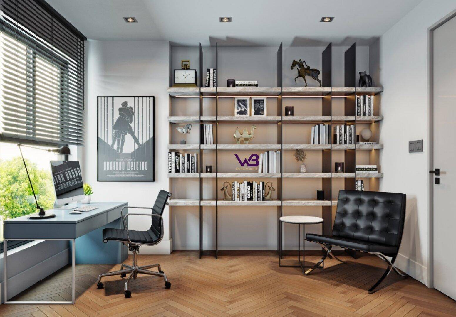 Modernes Arbeitszimmer mit Schreibtisch, ergonomischem Stuhl und integriertem Bücherregal.