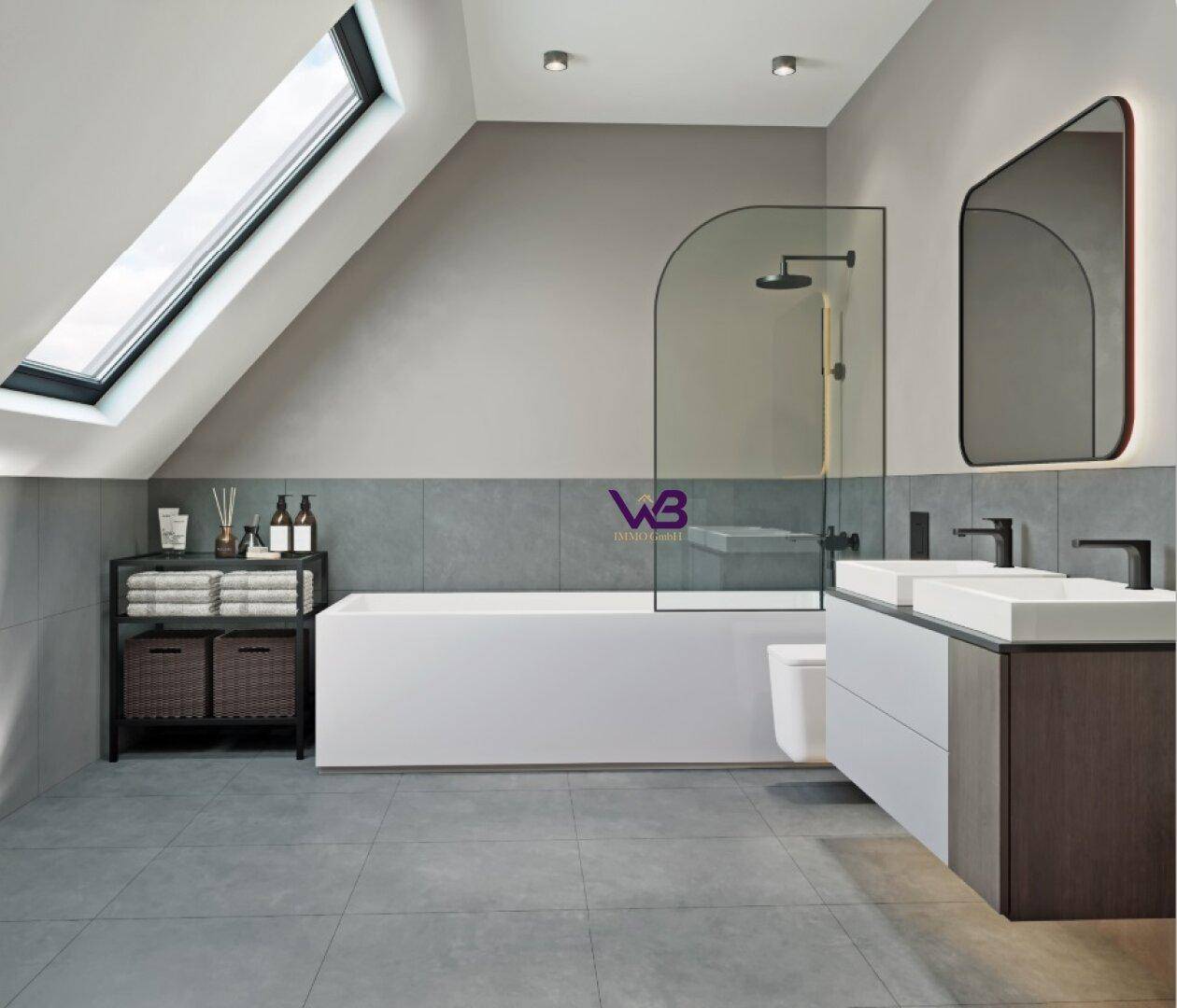 Modernes Badezimmer mit Badewanne, Dusche, Doppelwaschbecken und Dachfenster.