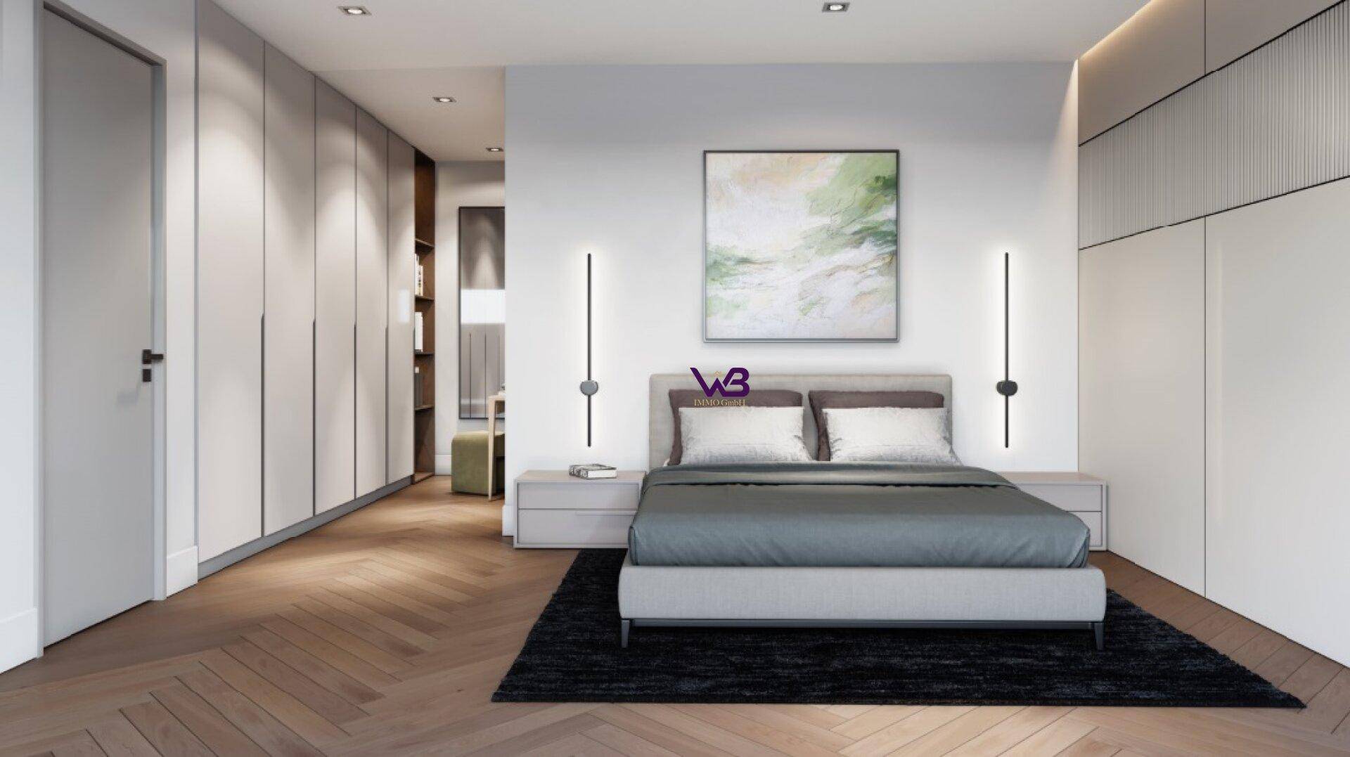 Elegantes Schlafzimmer mit großem Bett, integrierten Kleiderschränken und indirekter Beleuchtung.