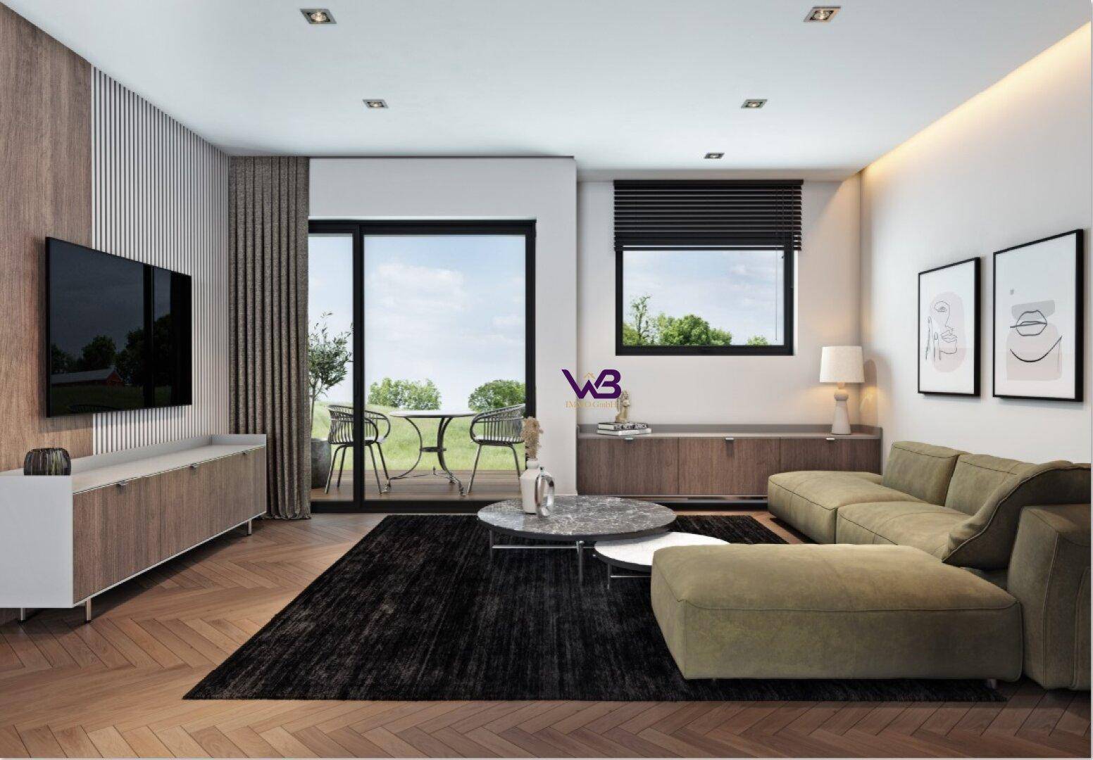 Gemütliches Wohnzimmer mit Sofa, Fernseher und Zugang zu einer Außenterrasse.