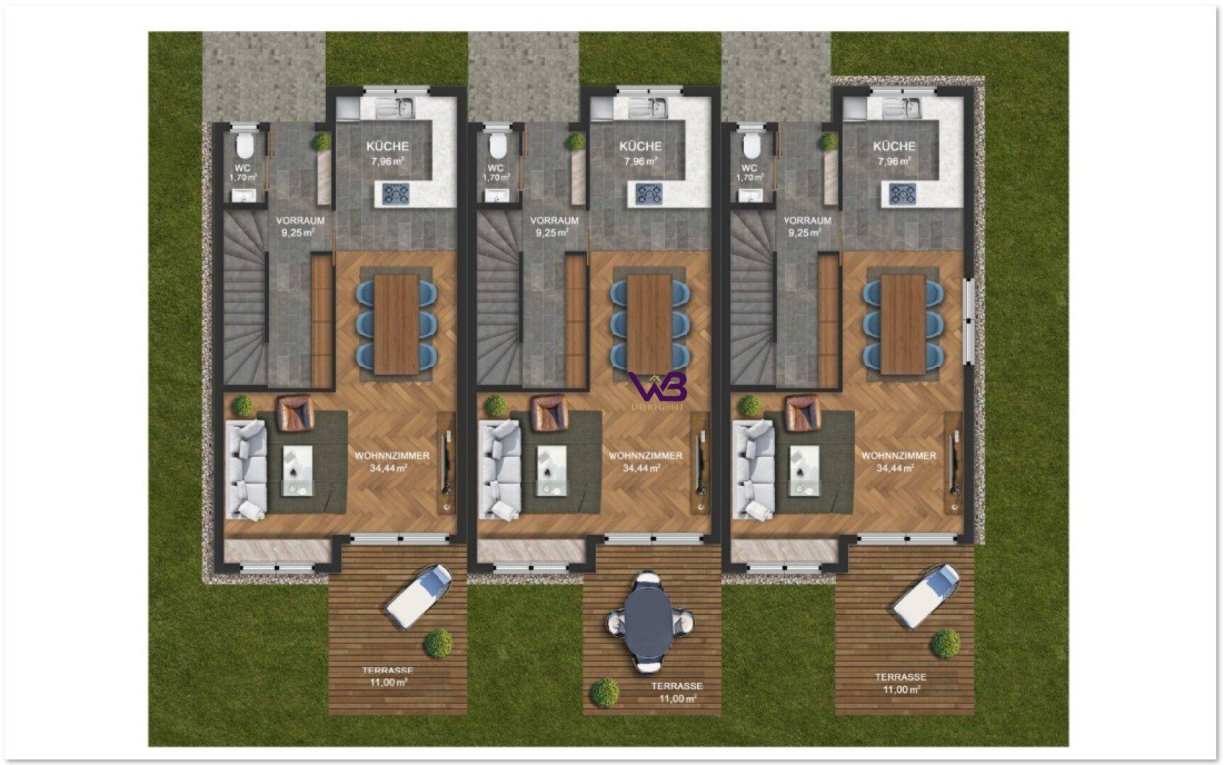 Grundriss des Erdgeschosses mit offenem Wohnbereich, Küche und Terrasse.