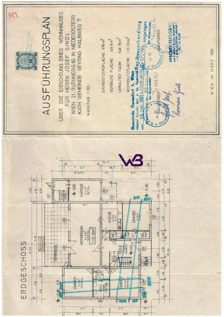 Grundriss des Erdgeschosses mit Wohnzimmer, Küche, Terrasse und mehreren Zimmern.