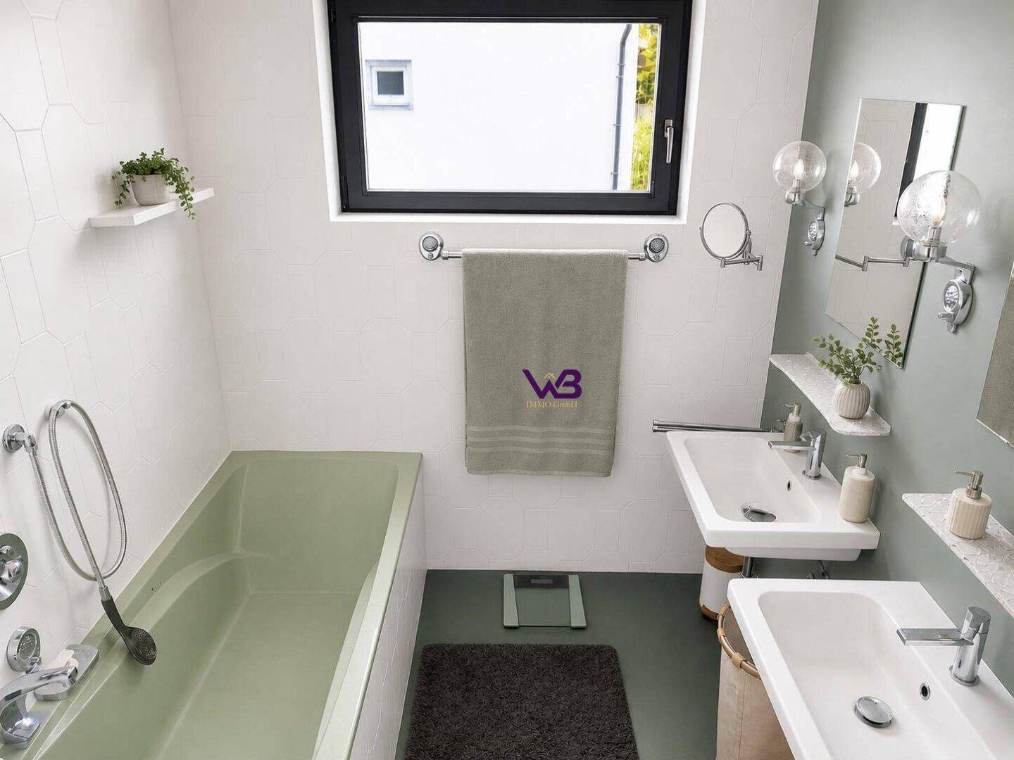 Modernes Badezimmer mit grüner Badewanne, zwei Waschbecken und Fenster für natürliches Tageslicht.