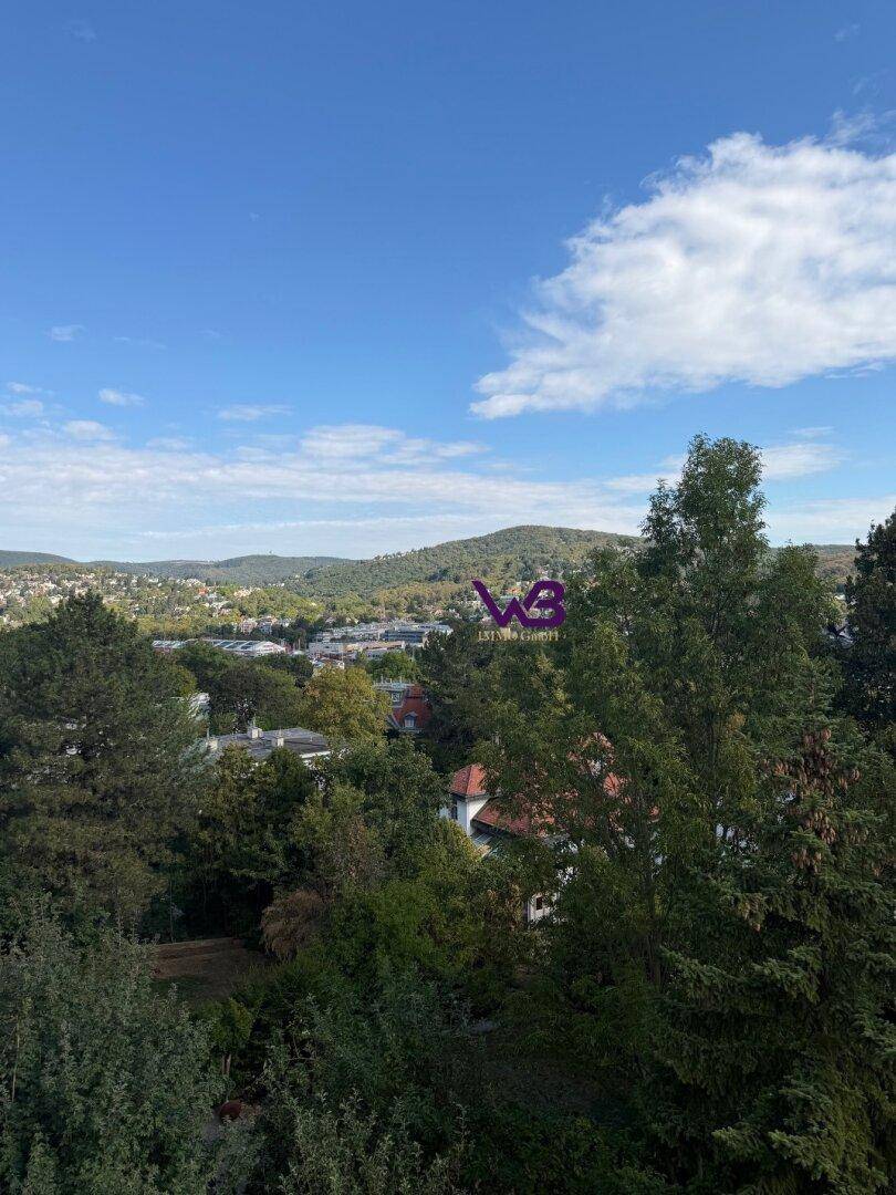 Weitläufiger Blick über eine grüne Hügellandschaft mit städtischer Bebauung im Hintergrund.