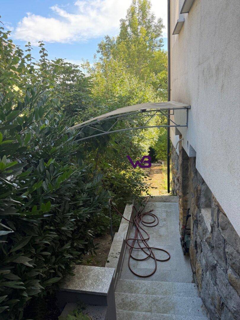 Seitlicher Zugang zum Gebäude mit Steintreppe, Überdachung und üppiger Vegetation.