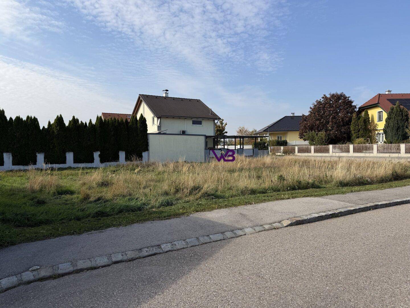 Freies Grundstück an einer Straße mit angrenzenden Häusern und gepflegten Hecken unter blauem Himmel.