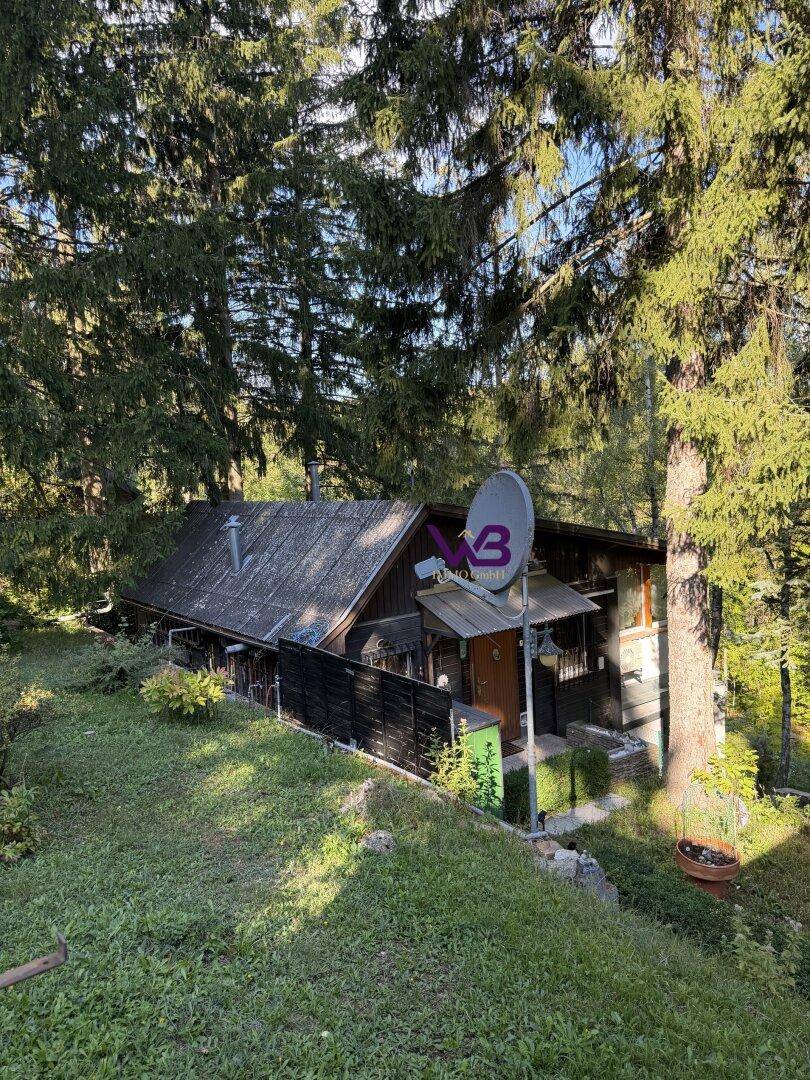 Charmantes Holzhaus inmitten üppiger Vegetation mit einem Satellitenempfänger.