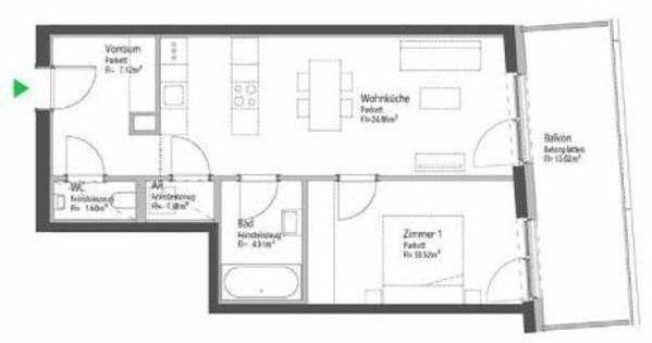Grundriss einer Wohnung mit Wohnküche, Schlafzimmer, Bad und Balkon.
