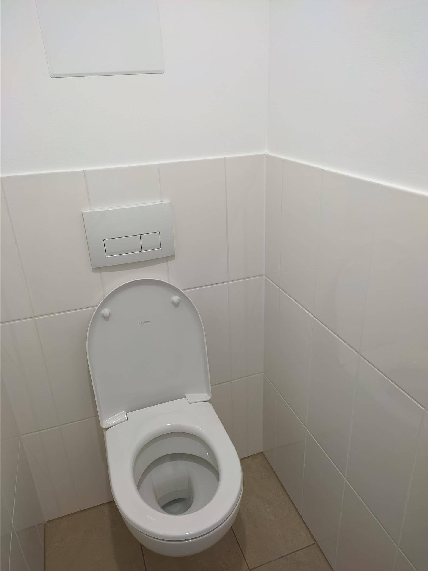 Modernes WC mit Wandspülkasten und hellen Fliesen an Wänden und Boden.