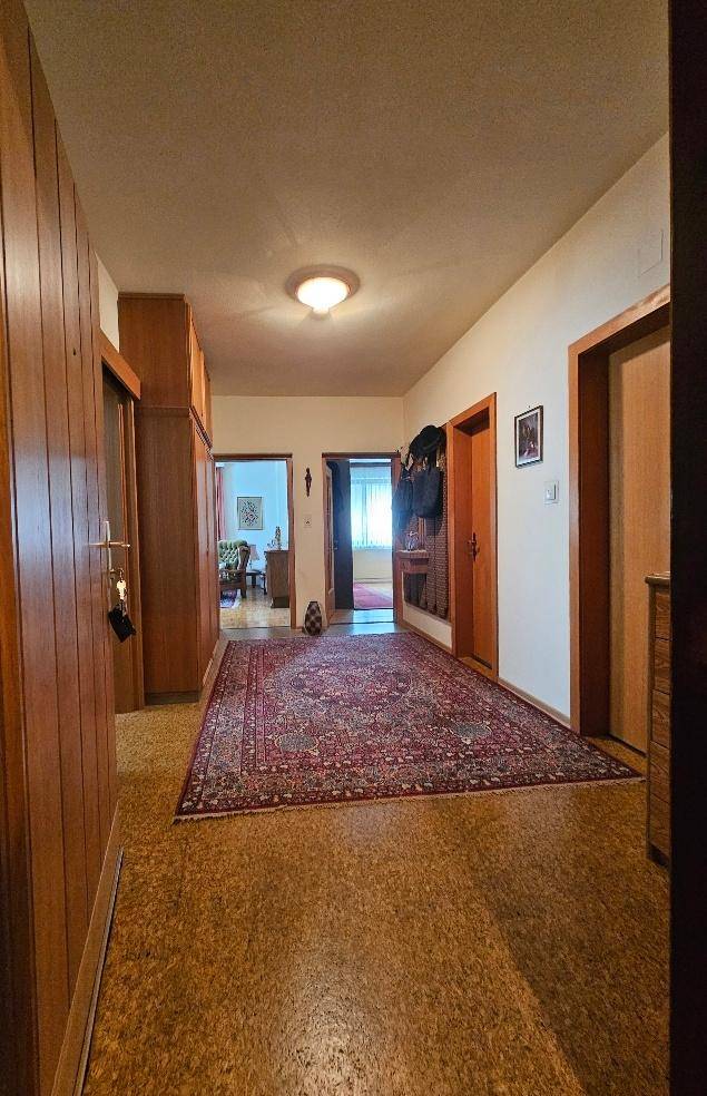 Geräumiger Flur mit Holzvertäfelung, Teppich und Zugang zu weiteren Zimmern.