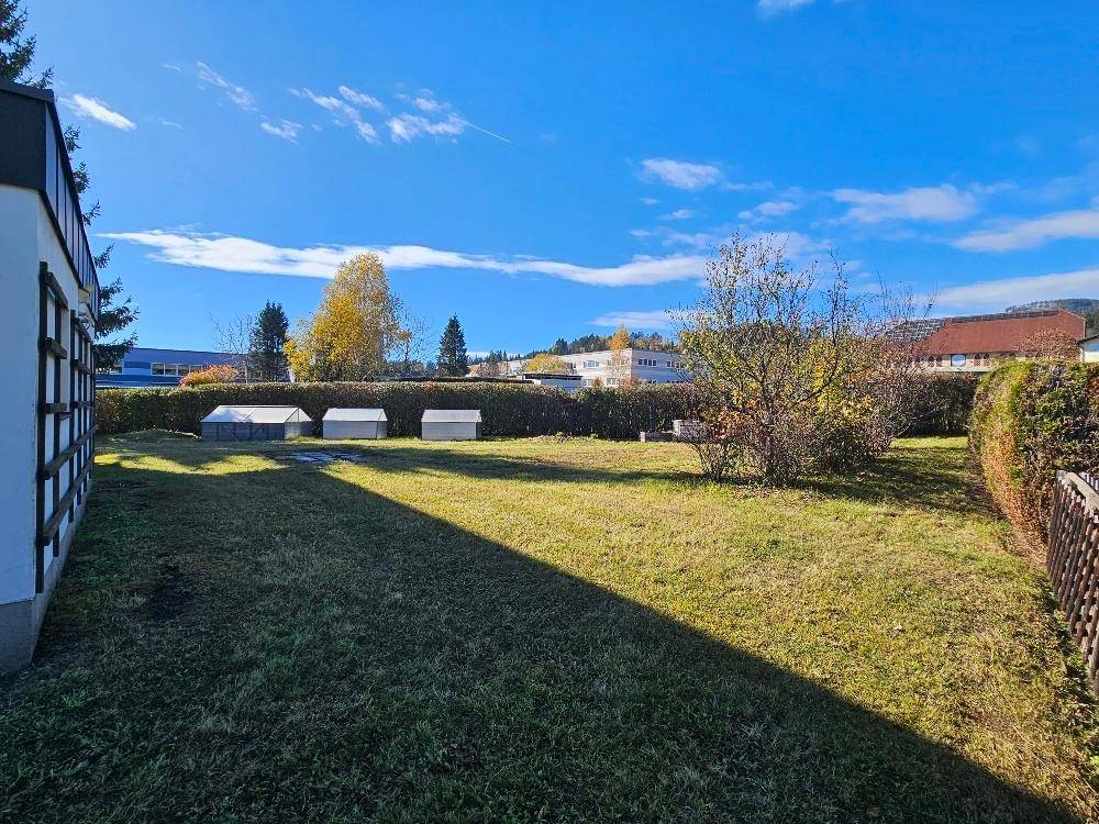 Großer, gepflegter Gartenbereich mit Rasenfläche und Hecken, ideal für Entspannung im Freien.