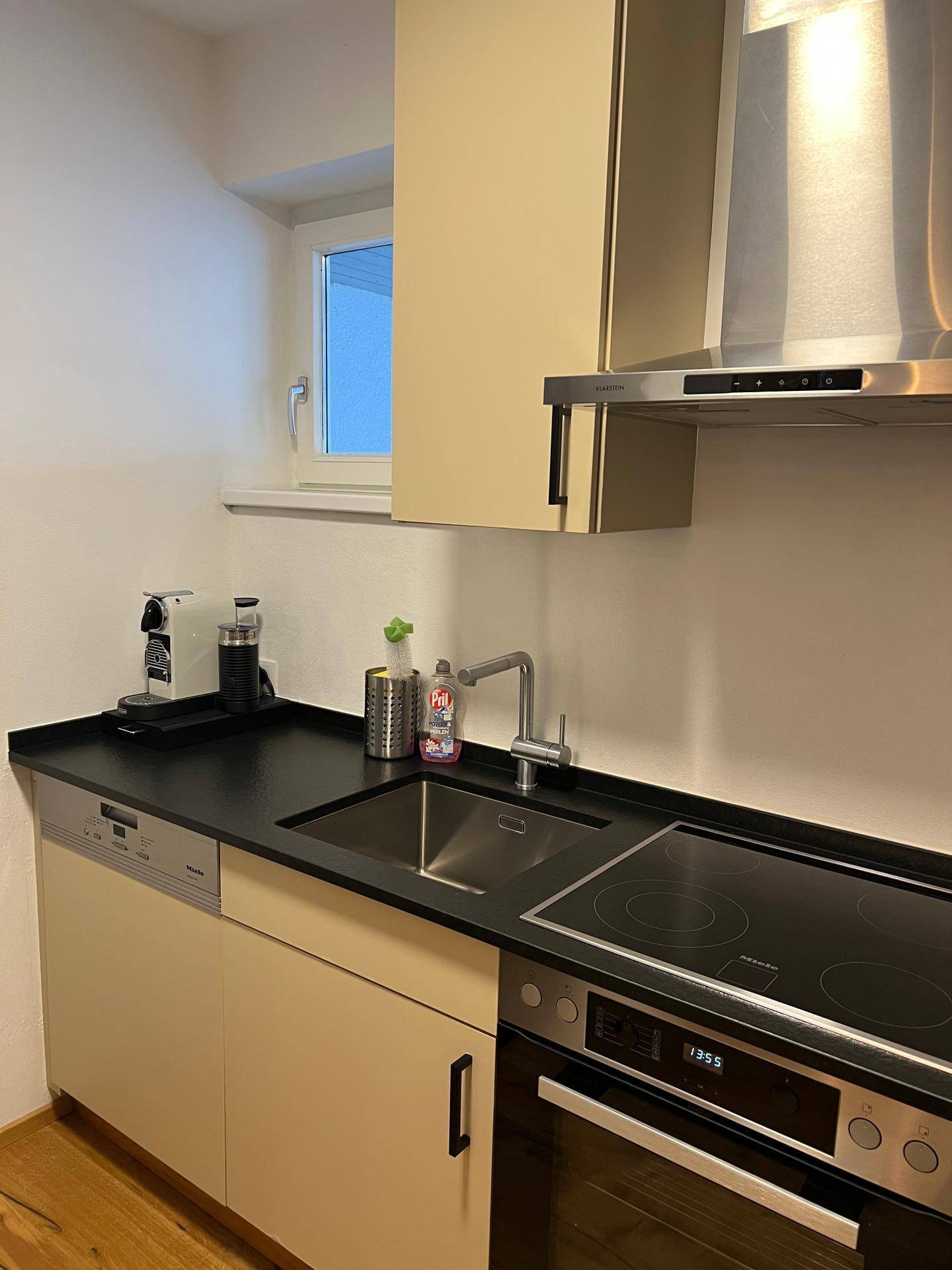 Küchenzeile mit Spüle, Geschirrspüler, Induktionskochfeld und Fenster für Tageslicht.