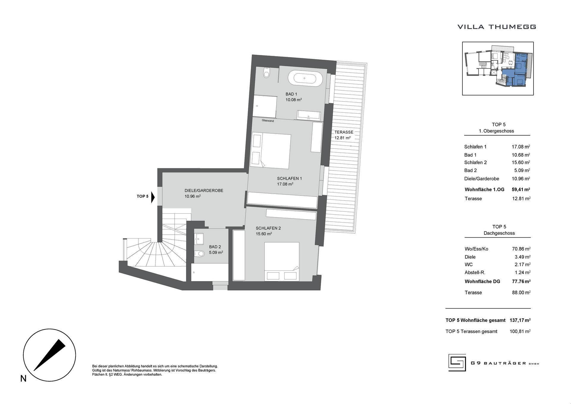 Grundriss des ersten Obergeschosses mit zwei Schlafzimmern, zwei Bädern, Ankleidebereich und Terrasse.